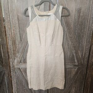 Ann Taylor Loft Dress Women's Size 4 Beige 100% Linen Beaded‎ Sequins Sleeveless